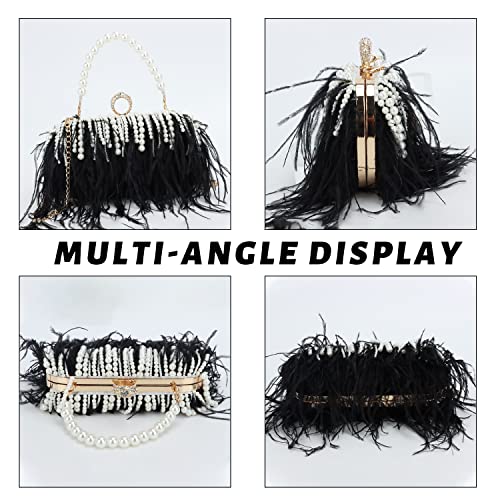 Ynport Women Ostrich Feather Evening Handbag Black Fluffy Clutch Purse Fuzzy Handbag Shoulder Bag With Pearl Chain #TOP4