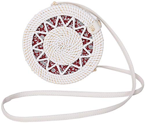 Rattan Bags for Women - Handmade Wicker Woven Purse Handbag Circle Boho Bag Bali - Crossbody Flat Sunflower White