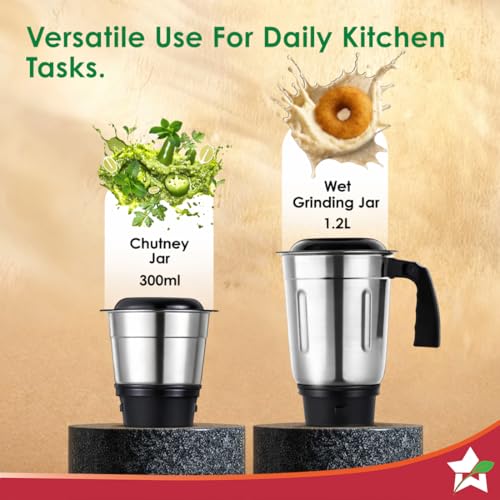 Image of Wonderchef Vista Neo Mixer Grinder for Kitchen, 500W, 2 Multi-purpose Jars, Stainless-steel Blades for Masala, Chutney, Idli /Dosa Batter, Puree, Paste, 3-Speed Control, Pulse Function, 2-Yr Warranty