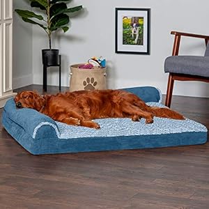 Furhaven Memory Foam Dog Bed for Large Dogs w Removable Bolsters Washable Cover For Dogs Up to 95 lbs Two Tone Plush Faux Fur Suede L Shaped Chaise Marine Blue JumboXL