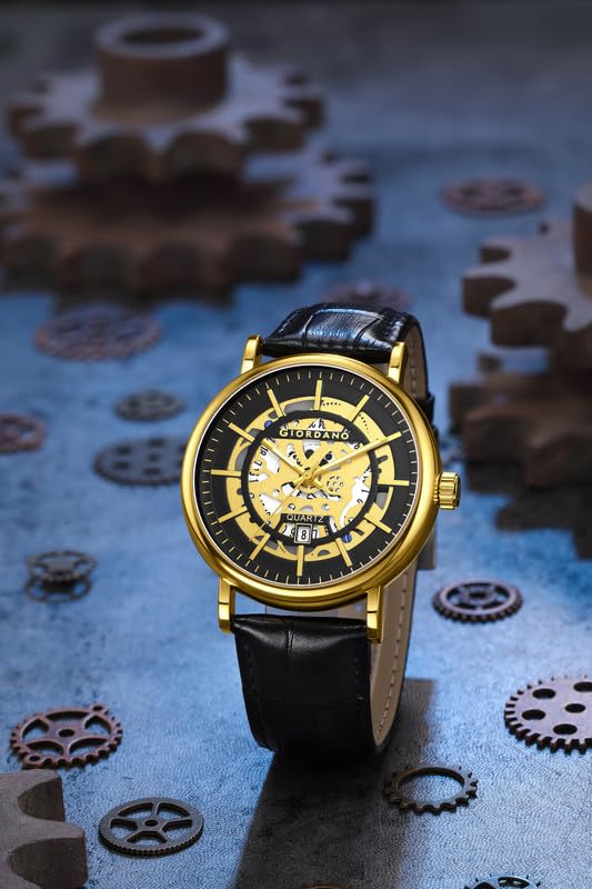 Image of Giordano Analog Quartz Watch for Men with Skeleton Round Dial, Date Function, Luminous Hands and Markers, Leather & Stainless Steel Strap - GZ-50182