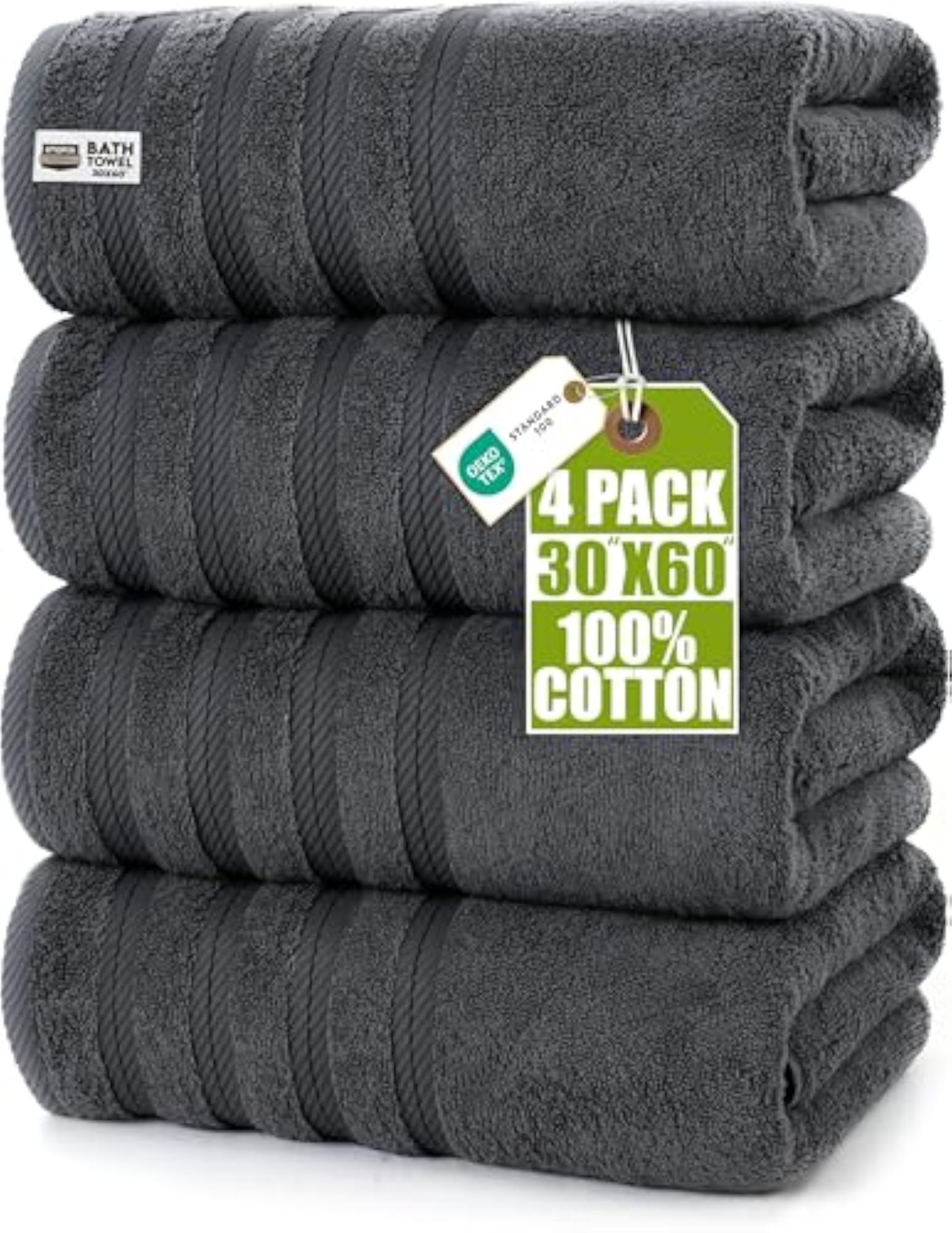 4 Pack XL Cotton Bath Towels, 30x60 in, Grey