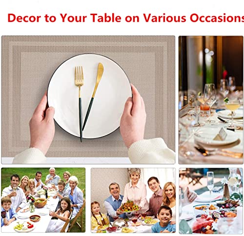 Image of Placemats, Washable PVC Table Mats, Woven Vinyl Placemat for Dining Table Place Mats Set (6 Placemats and 1 Table Runner, Beige-Frames)