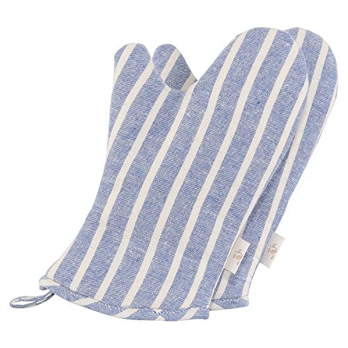 NEOVIVA Denim Quilted Heat Resistant Kids Oven Mitt for Play Kitchen Set of 2 Chalk Striped Cosmic Sky