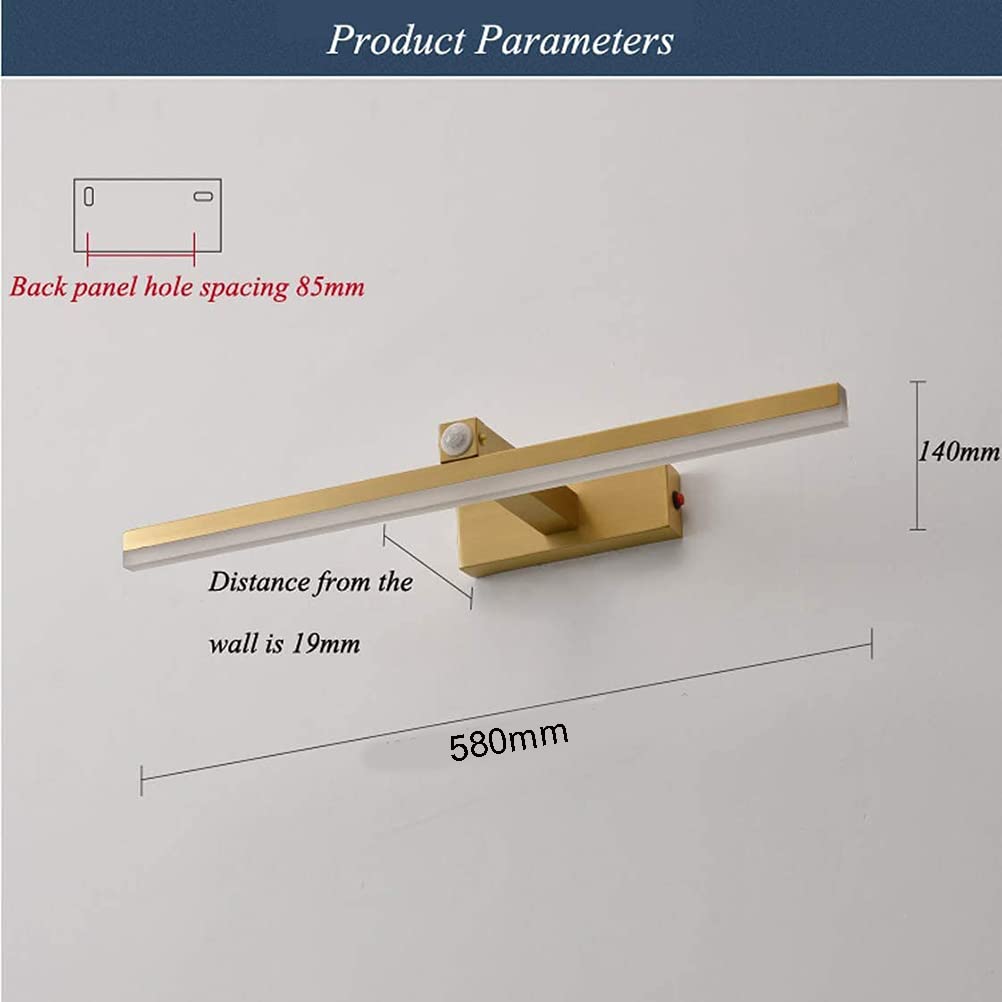 Espejo de luz LED de latón con sensor de movimiento, lámpara de pared de maquillaje para baño, iluminación frontal de tocador con interruptor, ángulo ajustable, blanco cálido 4000K, 12W / 58CM