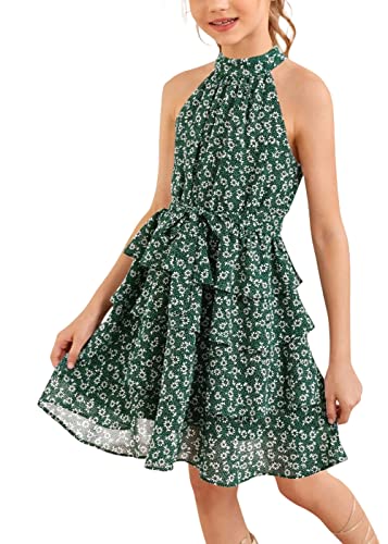 Imily Bela Girls Floral Ruffle Dress Halter Neck Kids Chiffon Summer Party Dress with Belt Green