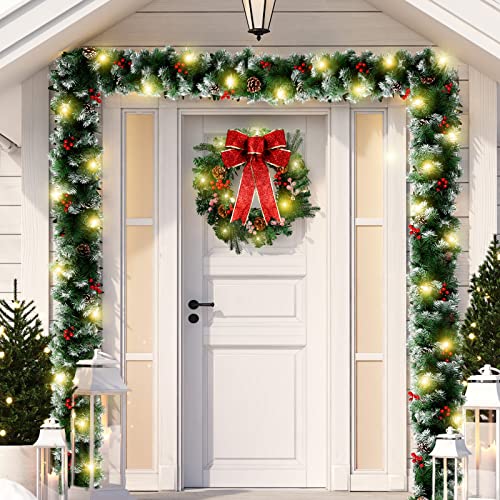 Dingion 4 Pcs Christmas Wreaths Decoration for Front Door with 9 ft 50 LED Lights Garland, 20 16\'\' Wreath 12\'\' Hanger, 2 Big Ribbon Bows Holiday Decor