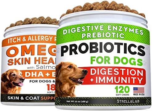 Fish Oil Omega 3 Treats for Dogs + Dog Probiotics Treats for Picky Eaters Bundle - Allergy Relief, Joint Health, Itch Relief. Skin & Coat Supplement + Enzymes + Prebiotics for Digestion Support