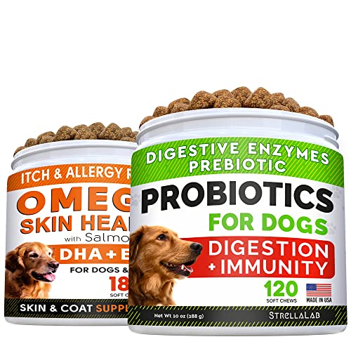 Fish Oil Omega 3 Treats For Dogs + Dog Probiotics Treats For Picky Eaters Bundle - Allergy Relief, Joint Health, Itch Relief. Skin & Coat Supplement + Enzymes + Prebiotics For Digestion Support #TOP18