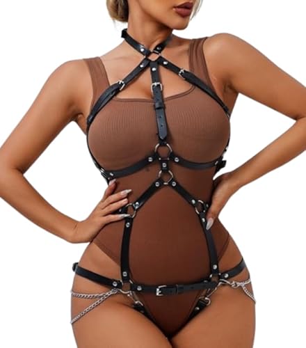 NICEMHAPU Women's Full Body Harness Lingerie - Adjustable Leather Bondage BDSM Harness Lingerie, Gothic Punk Sexy Costume for Valentine's Day Carnival Roleplay Cosplay Party