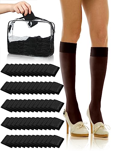 Preboun 50 Pairs Sheer Knee Stockings Bulk for Women Nylon Knee Highs Pantyhose Socks for Lady with PVC Makeup Bag(Medium,Black)