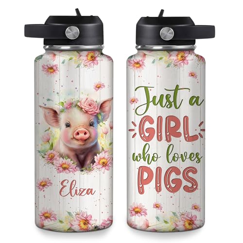 Hyturtle Personalized Pig Water Bottle - Travel Insulated Stainless Steel Bottle with Leak-Proof Lid 18 oz, 32 oz - Gift for Women Girls Pig Lovers - Birthday & Christmas Gift