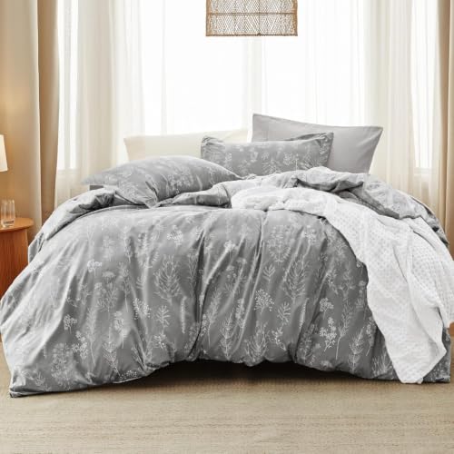 Image of Bedsure Twin /Twin XL Comforter Set - Light Grey Bed Set, 2 Pieces Cute Floral Bedding, 1 Soft Reversible Botanical Flowers Comforter and 1 Pillow Sham