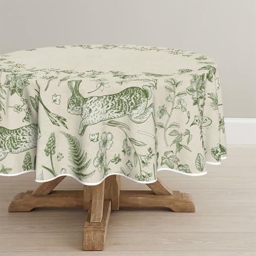 Horaldaily Easter Tablecloth 90 x 90 Inch Round Beige Easter Bunny Green | Fern Flowers Seasonal Washable Table Cover for Party Picnic Dinner Decor