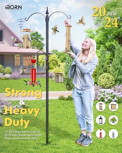 iBorn Bird Feeder Pole 1” Bird Feeder Stand Double Shepherds Hooks for Outdoor Heavy Duty 78” Tall W/5 Prongs Shepherd Hooks for Hummingbird Feeder Hanging 4 Hooks(Bird Feeders NOT Included)