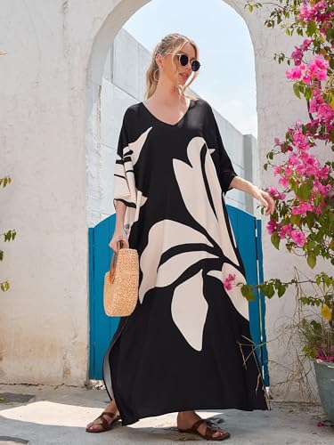 Image of Moss Rose Kaftan Dresses for Women V Neck Summer Swimsuit Cover up Caftan Maxi Beach Dresses