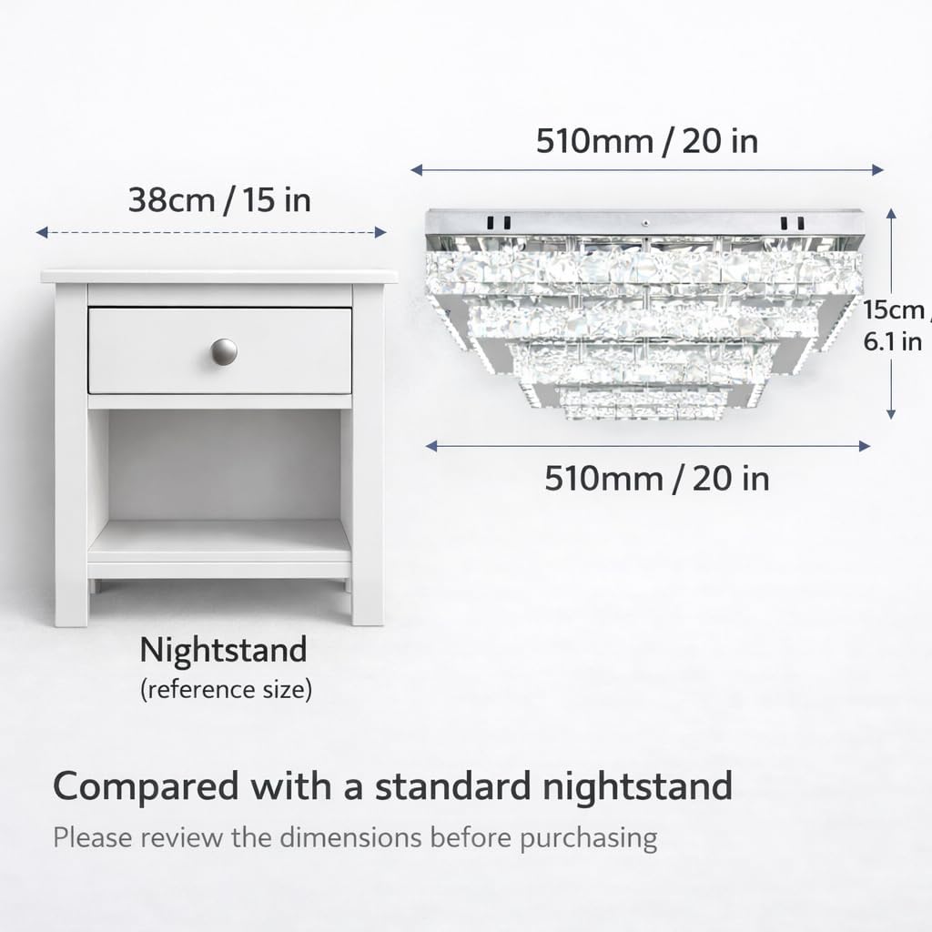 Finktonglan Modern Crystal LED Ceiling Light Fixtures 20” Dimmable Rectangular Flush Mount Chandelier Ceiling Lights 3-Tiers Stainless Steel Ceiling Lamp Fixtures for Living Room Bedroom Dining Room