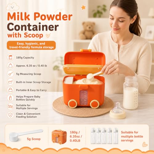 Image of Uonibaby by StarAndDaisy formula milk container for baby milk powder container with scoop holder , portable Formula Dispenser, Airtight First Feed Baby food Storage container / Box for travel (Bus - Orange)