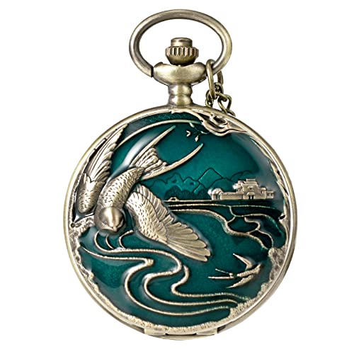 Image of MORFONG Vintage Bird Design Pocket Watch Quartz Watches for Men Women Birthday Christmas Gifts with Box Chain
