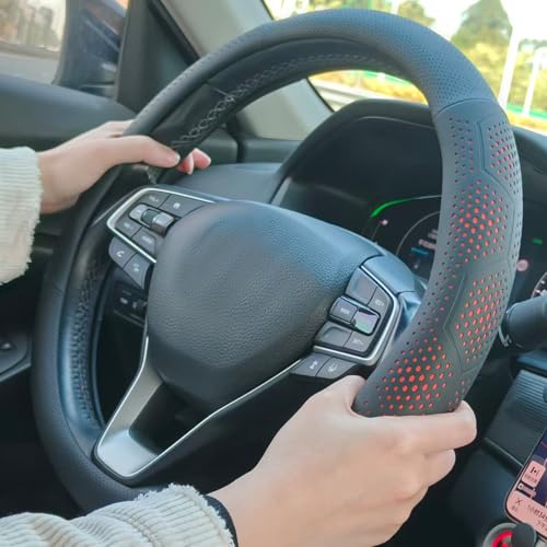 Leather Steering Wheel Cover for Chevy Silverado 1500 2500 3500, for GMC Sierra 1500 2500 3500, for Toyota RAV4 Corolla Camry, for Jeep Wrangler Grand Cherokee Compass, 14.5-15 inch (Orange) by FQMY - Used condition - Image 9