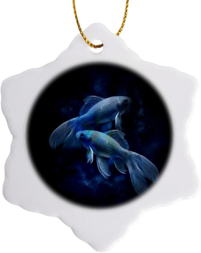 3 inch Snowflake Porcelain Ornament - Image of Blue Pisces Sign for February and March Zodiac Signs