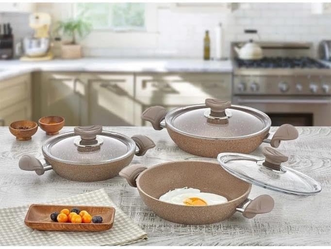 Oms 3004-6 Parça, Bio Granit, Yapıştırmaz, (18-20-22 Cm) Sahan Seti, Sütlü Kahve Gövde Ve Detay