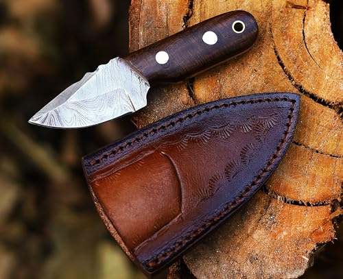 ANCILLA Handmade Damascus Hunting EDC Camping Deer Knife - Full Tang Fixed blade Mini Pocket Cowboy knife for Bushcraft, Camping and Skining with leather sheath Holster - Predator Hunter Viking Blade - Ideal Viking Gift for Men
