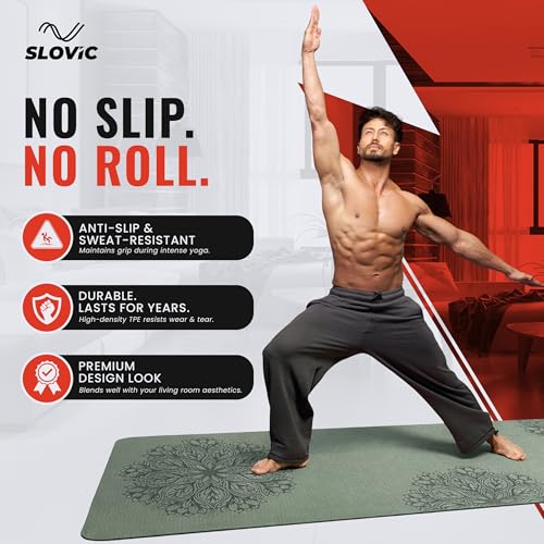 Image of Slovic Yoga Mat for Woman [6 MM] | TPE Yoga Mat for Man | Anti-Slip Exercise Mat for Home Workout & Home Gym | Durable & Lightweight Gym Mats for Floor With Cover Bag | Green
