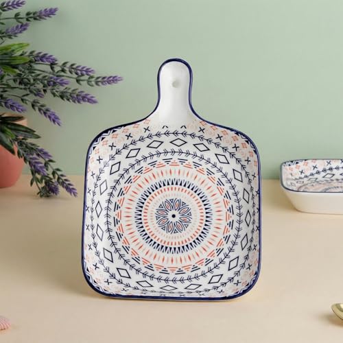 Image of The Earth Store Mandala Ceramic Platter with Handle for Serving Set of 1 | Microwave & Dishwasher Safe Platter for Dessert, Snacks, Starter, Fruits, Salad, Sweets & Appetizers