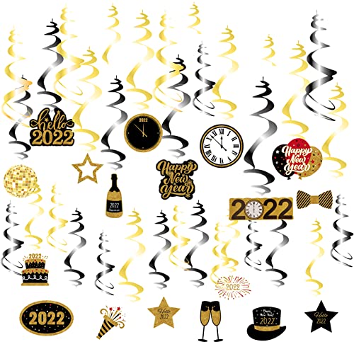 30pcs Decoración para Nochevieja,2023 Decoraciones para Fiestas de Fin de año,Oro Negro año Nuevo de Feliz Banner de año,año Nuevo decoración de Techo Colgante Remolino Adornos de espirales Cover