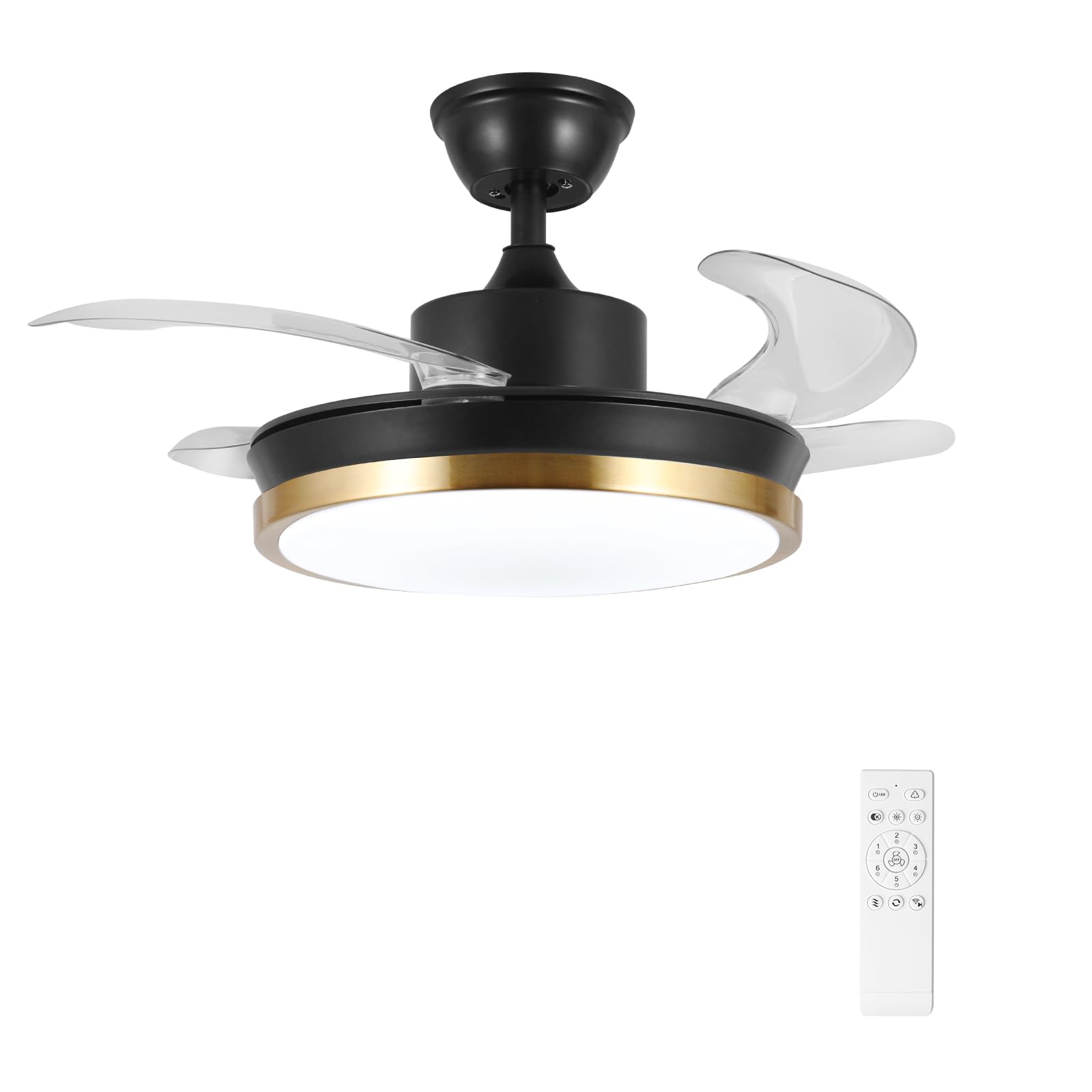 24W Ventilatore da soffitto con Telecomando, Dimmerabile Ventilatori a Soffitto con Altoparlante Bluetooth e Reversibile, Ventilatore da Soffitto con Lampada e pale a scomparsa per Camera da Letto