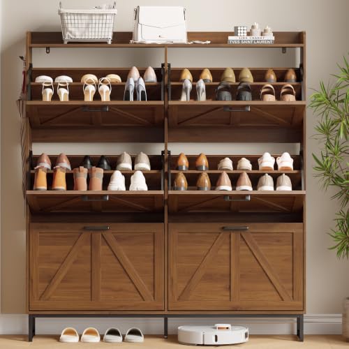 Image of Xixini Shoe Storage Cabinet with 6 Flip Drawers, Entryway Shoe Rack, Walnut | Freestanding Narrow Shoe Storage, Hidden Slim Wood Shoe Organizer, Modern Farmhouse, Open Storage & Hooks for Closet, Hallway