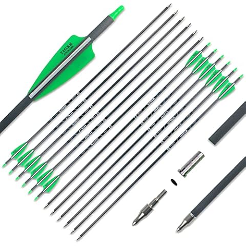 Tiger Archery 400-30inch Carbon Hunting Arrows Archery Target Practice Arrows with Removable Tips for Recurve Bow and Compound Bow 12-Pack (30inch, Green White) Cover
