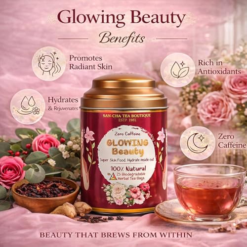 Image of Sancha Tea Boutique, Glowing Beauty Tea, Caffeine Free Herbal Tisane, 25 Pyramid Bags, Supports Skin Glow & Skin Health