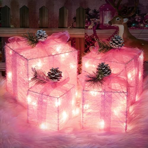 COVFEVER Set of 4 Pink Christmas Lighted Gift Boxes, Pre-lit Light up Present Set with Different Sizes for Holiday Indoor Outdoor Decorations - Battery Operated (Pink)