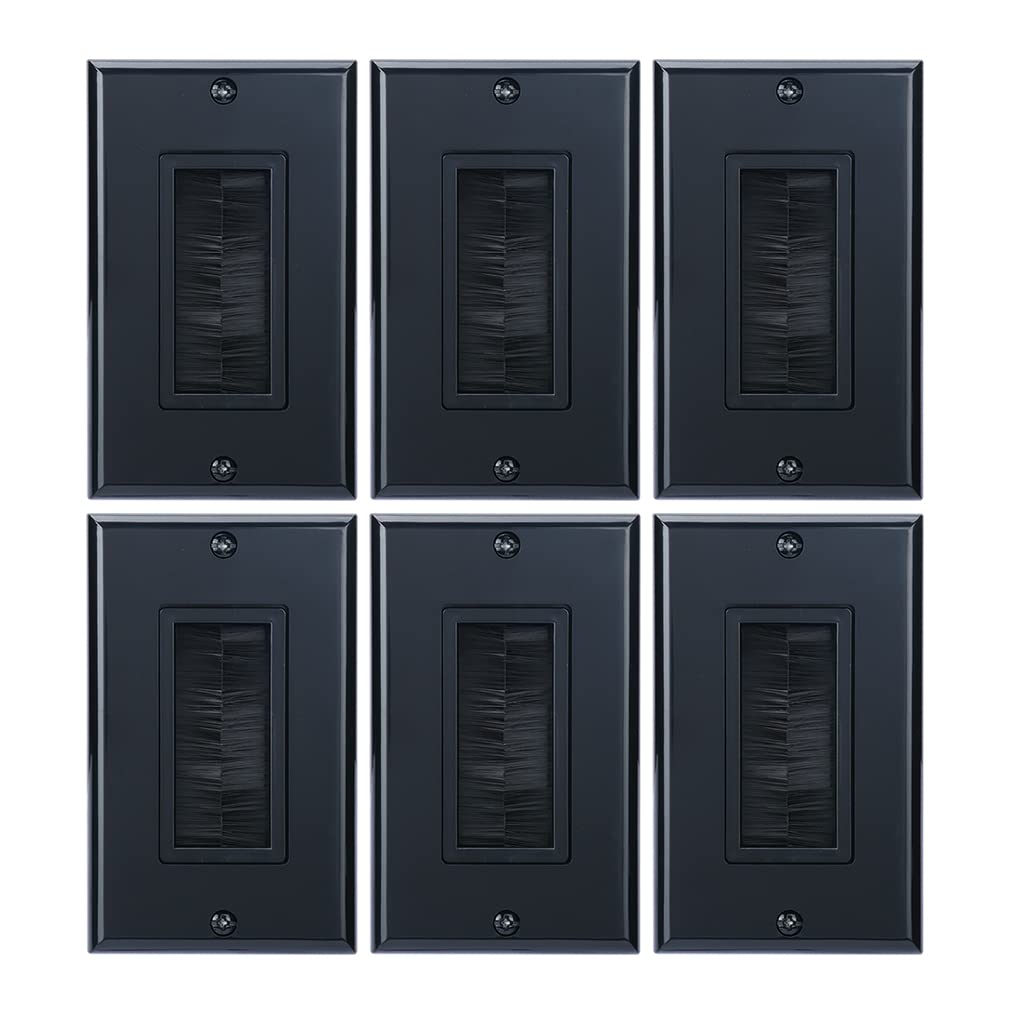 Wi4You Brush Wall Plate Black 6 Pack, Single Gang Cable Wall Plate with Deco Brush Insert for Low Voltage Cable Pass Through