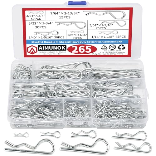 AIMUNOK 265pcs R Shaped Spring Cotter Pins Fastener Assortment Kit, 7 Sizes, Metal Heavy Duty Zinc Plated Steel Hair Pin Set, Fastener Set for Automotive Marine Tractors Mower Carts