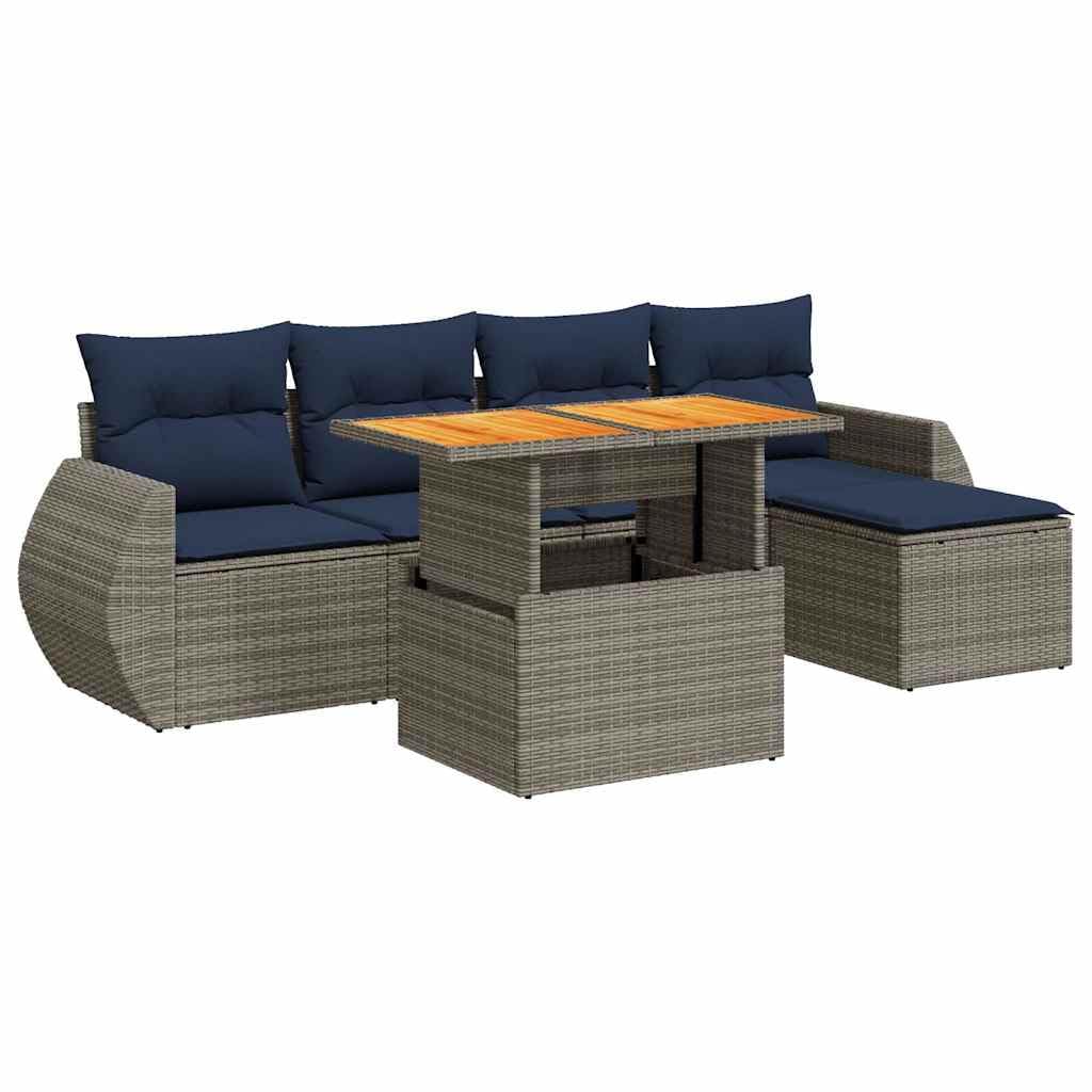 Set Divano da Giardino 6 Pezzi in Polyrattan Grigio con Tavolo | Salotto componibile da esterno per terrazzo con tavolino sollevabile e cuscini blu marino per momenti di relax in famiglia.