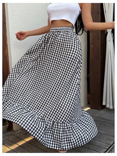 GORGLITTER Women's Gingham Ruffle Maxi Skirt High Waisted Plaid Y2K Boho Renaissance Flowy Long Skirts3