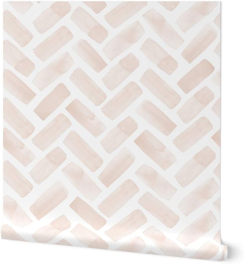 Peel & Stick Wallpaper 3ft x 2ft - Watercolor Herringbone Trendy Blush Pale Pink Chevron Water Color Custom Removable Wallpaper by Spoonflower