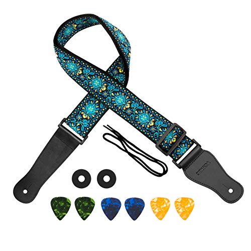 Guitar Strap, Jacquard Weave Embroidered Guitar Strap, Vintage Hootenanny Woven Shoulder Strap for Bass, Electric & Acoustic Guitar. Include 6 Picks and 2 Locks. Blue