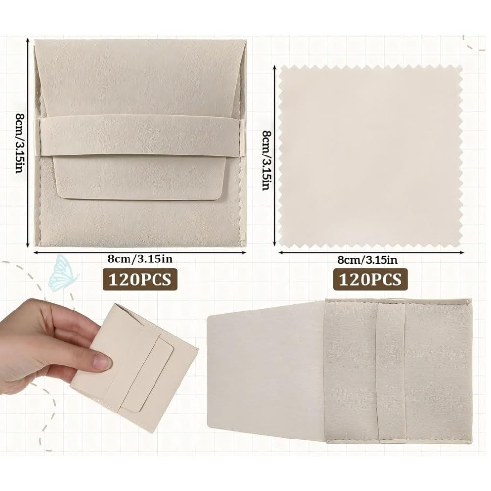 Bolsas de microfibra beige para joyas, 8 x 8 cm, paquete de 120 bolsas de tela suave con correa para organizar anillos, collares y aretes