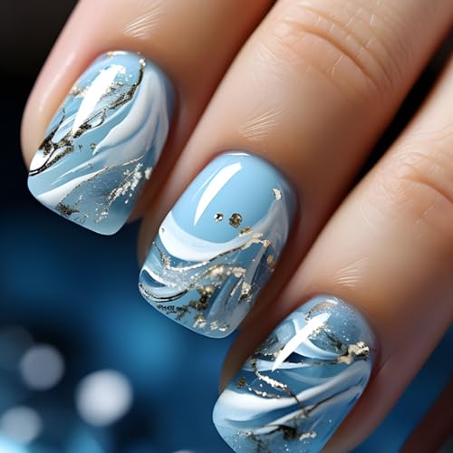 Short Press on Nails Square Fake Nails with Ocean Waves Designs S...