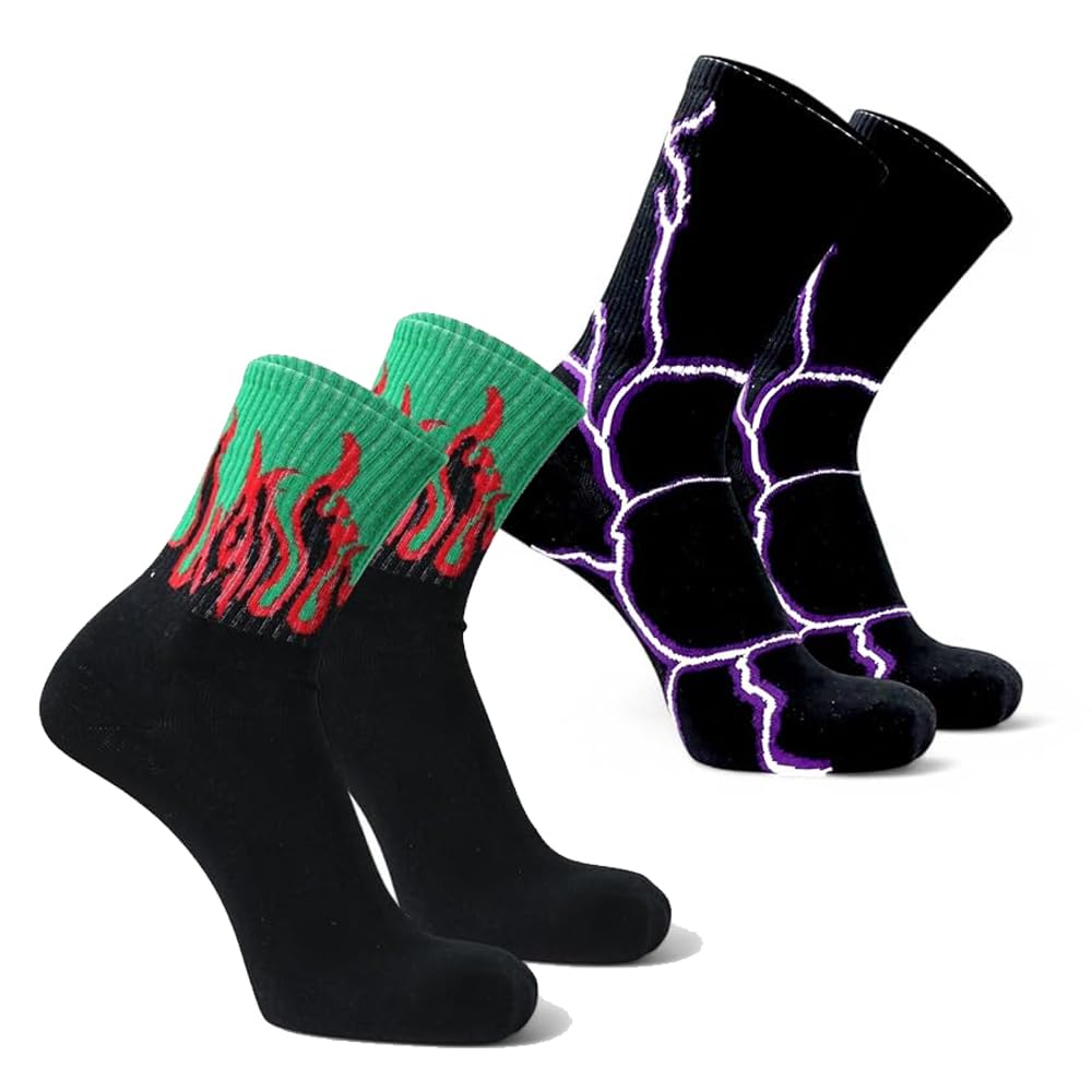 Flame Lightning Graphic Crew Socks for Men Women Streetwear Cotton Breathable Sports Skateboard Casual Fashion Hip Hop Aesthetic Trendy Mid Calf Socks Multicolor Pack of 2-image-7