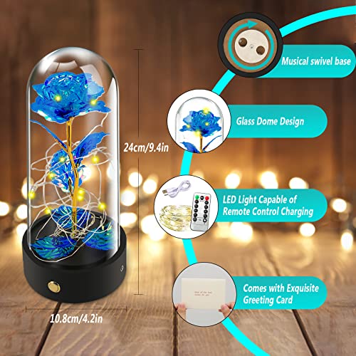 Mothers Day Mom Gifts,Rose in a Glass Dome with LED Light,Forever Eternal Crystal Rose Light with Music Box Function,Artificial Flower Gift Flower,Office or Home Decorations,Gift for Wife Her (Blue) - Image 3