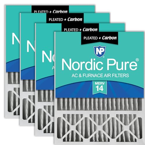 Image of Nordic Pure 20x25x5 Pleated MERV 14 Plus Carbon Air Filters 4 Pack | Actual Size: 19 3 /4 x 24 3 /4 x 4 3 /8 Lennox Replacement Fits X6673 X6675 Made in USA, Pro Strength Filtration, Odor Control