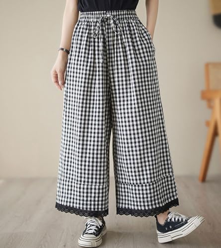 chouyatou Women's Plaid Wide Leg Lace Trim Capri Pants High Elastic Waist Palazzo Pants Culottes with Pockets2