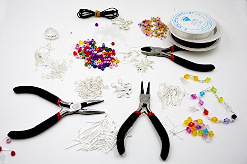 Kit de Fabricación de Joyería Principiantes de 1000 Piezas con Set de Perlas, Alicates, Cordón, Accesorios Chapados en Plata by DELIAWINTERFEL