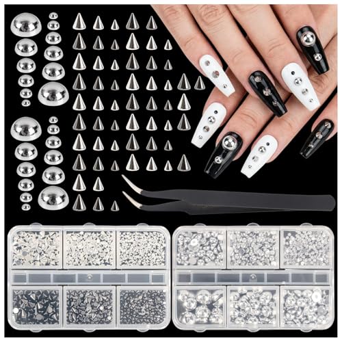 3D Mini Metal Gothic Nail Art Studs Mixed Sizes Cone Spikes Silver Half Round Steel Beads Nail for Women Punk Manicure Charms Goth DIY Crafts Accessories
