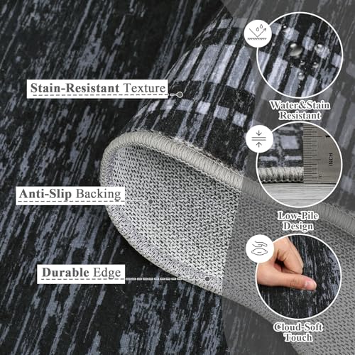 GarveeHome Scalloped 5x7 Rugs Washable Area Rugs for Living Room, Modern Bordered Solid Rug for Bedroom, Abstract Scalloped Non-Slip Stain Resistant Carpet for Dining Room Home Office Dorm,Black